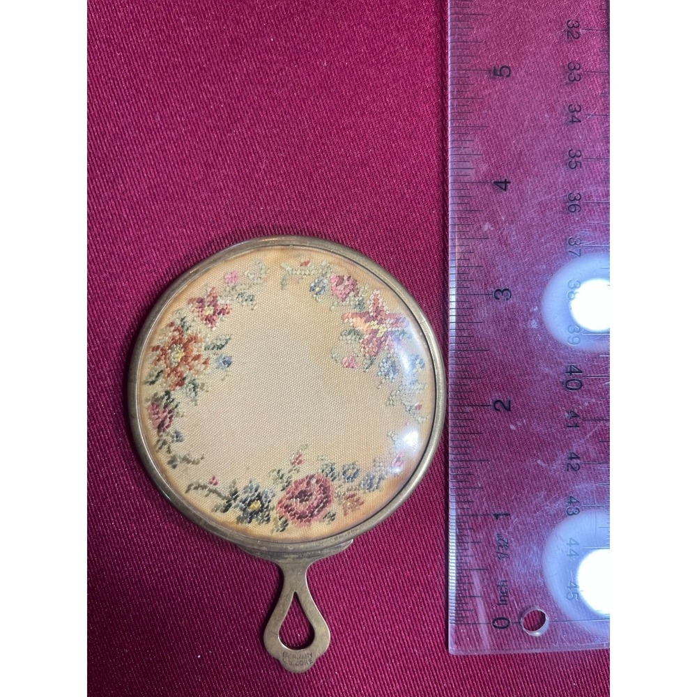 Vintage Germany US Zone Petit Point Hand Mirror Floral Embroidery BrassTone 4.25